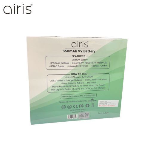Airis 350mAh Button VV 510 Battery USB-C. back of box