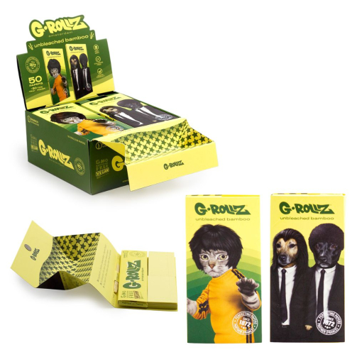 G-Rollz Kung Fu Dogs Bamboo Rolling Papers + Tips & Tray – 50pc Unbleached