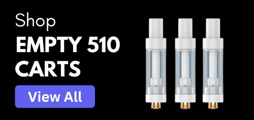 Assorted empty 510 vape cartridges hero banner – clear glass and ceramic tanks in various sizes with universal 510 thread for refillable carts