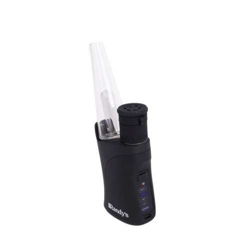 Alt Text: Randy’s Grip Plus vaporizer with glass bubbler attachment for water filtered hits