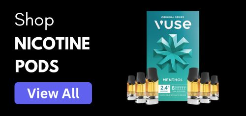 Nicotine Pods hero banner – assortment of Vuse, JUUL, and Blu e-liquid pods in various flavors like menthol and tobacco, compatible refillable vape pods