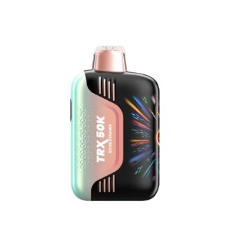 Sleek VIHO TRX 50K disposable vape device with a modern ergonomic design, featuring a vibrant 3D curved digital display screen showing battery and e-liquid levels, adjustable airflow controls, transparent tank, and USB-C charging port – delivering up to 50,000 puffs in a compact, rechargeable format.
