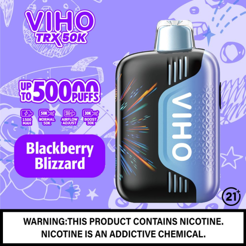 Sleek VIHO TRX 50K disposable vape device with a modern ergonomic design, featuring a vibrant 3D curved digital display screen showing battery and e-liquid levels, adjustable airflow controls, transparent tank, and USB-C charging port – delivering up to 50,000 puffs in a compact, rechargeable format.