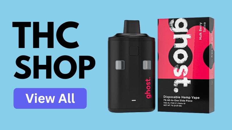 THC Shop hero banner featuring Ghost Slide 7G disposable vape pen with bold text "THC Shop" – premium, high-capacity THC disposables at Discount Vape Pen