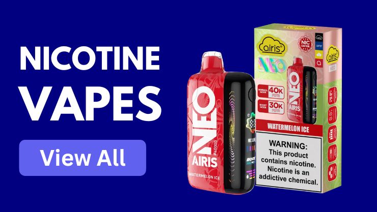 Nicotine vapes and disposables hero banner featuring Airis Neo 40K puff disposable vape pen with bold text "Nicotine Vapes" – high-puff, smooth nicotine options at Discount Vape Pen. Shop now!