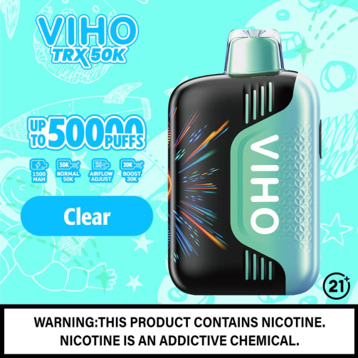 Sleek VIHO TRX 50K disposable vape device with a modern ergonomic design, featuring a vibrant 3D curved digital display screen showing battery and e-liquid levels, adjustable airflow controls, transparent tank, and USB-C charging port – delivering up to 50,000 puffs in a compact, rechargeable format.