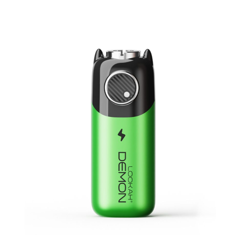 Lookah Demon novelty 510 thread vape battery in green, standing upright showing cool monster horns and sleek design