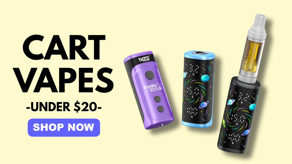 Three affordable 510 thread cart vape batteries displayed with text overlay "Cart Vapes Under $20" – shop discreet, high-quality options starting under $20 at Discount Vape Pen